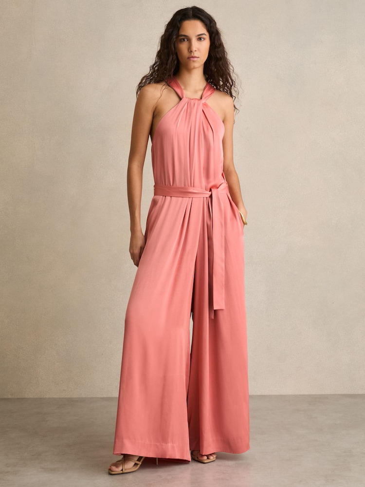 Reiss Pink Rosin Petite Satin Wide-Leg Draped Jumpsuit - Image 1 of 7