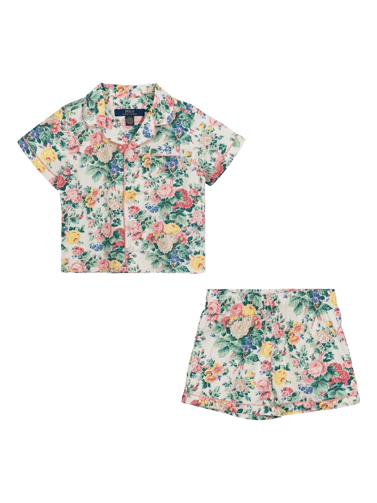 Polo Ralph Lauren Green 100% Cotton Floral T-Shirt and Shorts Pyjamas Set - Image 1 of 2