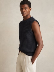 Reiss Navy Bryant Cotton-Blend Crochet Vest - Image 1 of 7