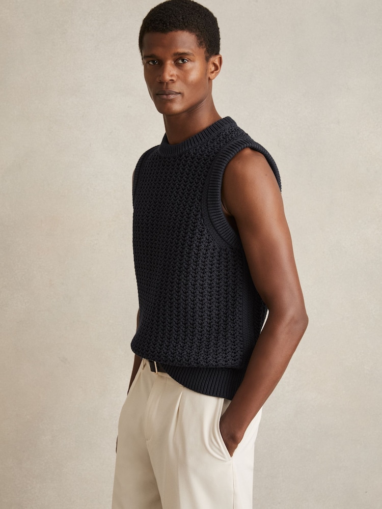 Reiss Navy Bryant Cotton-Blend Crochet Vest - Image 1 of 7