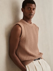 Reiss Soft Camel Bryant Cotton-Blend Crochet Vest - Image 1 of 6