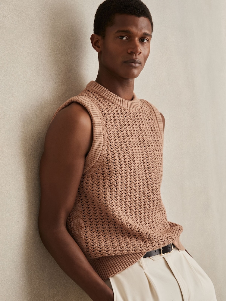 Reiss Soft Camel Bryant Cotton-Blend Crochet Vest - Image 1 of 6