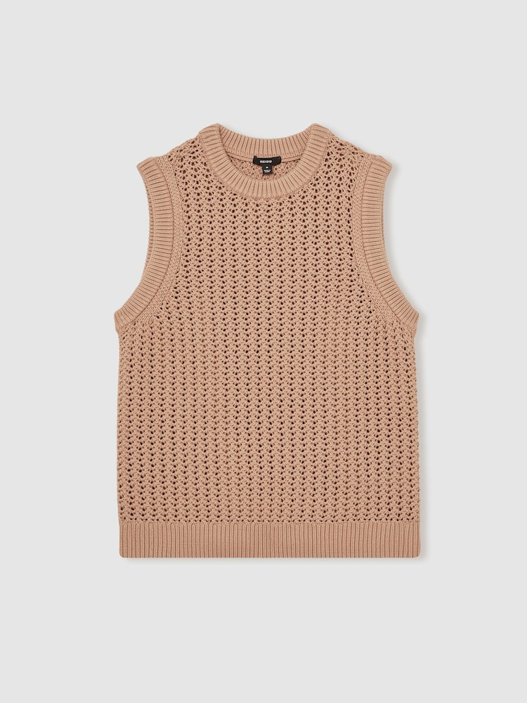 Reiss Soft Camel Bryant Cotton-Blend Crochet Vest - Image 2 of 6