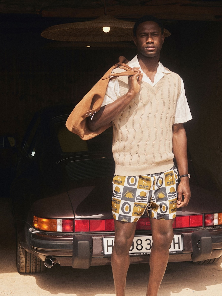 Reiss Olive Green Trinity Reiss | Ché Sunset-Print Swim Shorts - Image 1 of 9
