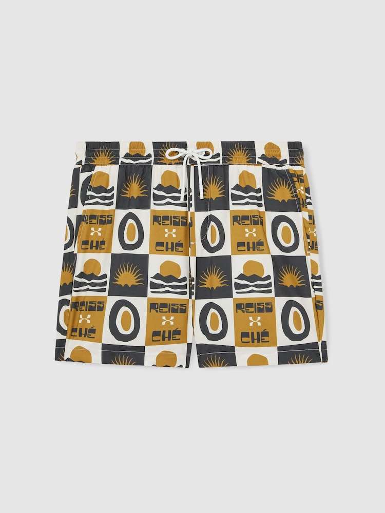 Reiss Olive Green Trinity Reiss | Ché Sunset-Print Swim Shorts - Image 2 of 9