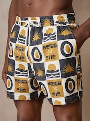 Reiss Olive Green Trinity Reiss | Ché Sunset-Print Swim Shorts - Image 7 of 9