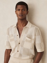 Reiss Taupe/Off White Alfred Cotton Chequerboard Crochet Shirt - Image 1 of 6