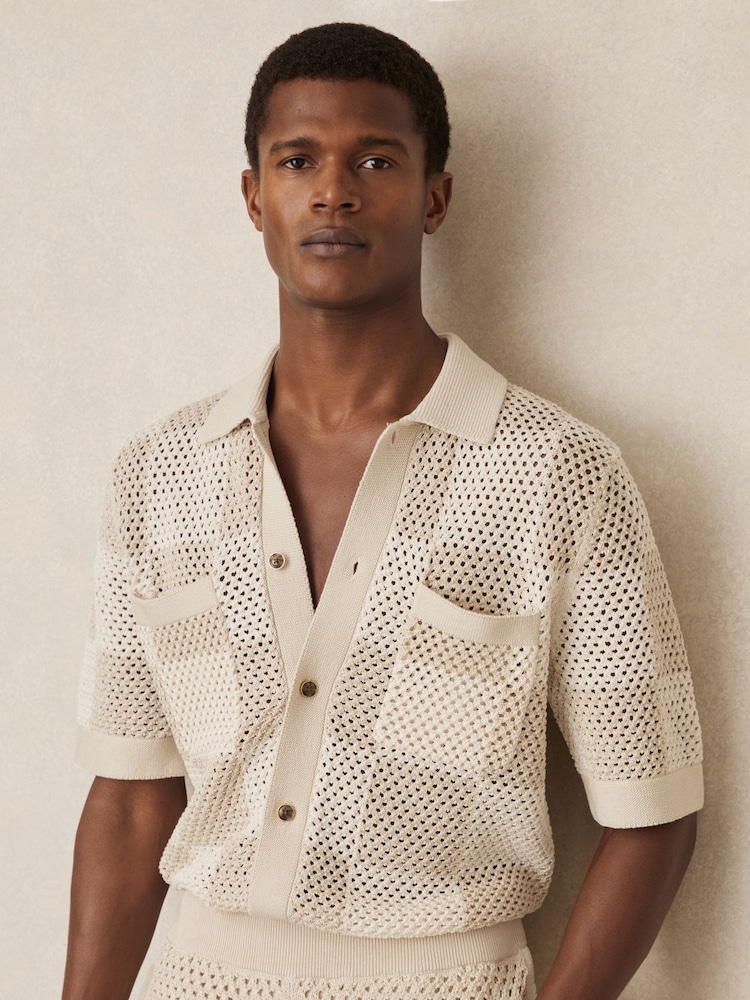 Reiss Taupe/Off White Alfred Cotton Chequerboard Crochet Shirt - Image 1 of 6