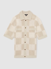 Reiss Taupe/Off White Alfred Cotton Chequerboard Crochet Shirt - Image 2 of 6