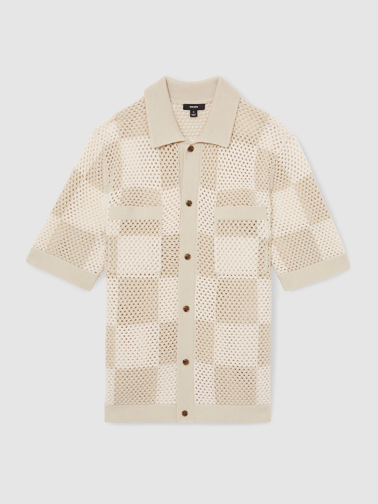 Reiss Taupe/Off White Alfred Cotton Chequerboard Crochet Shirt - Image 2 of 6