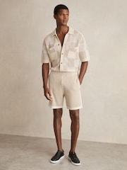 Reiss Taupe/Off White Alfred Cotton Chequerboard Crochet Shirt - Image 3 of 6