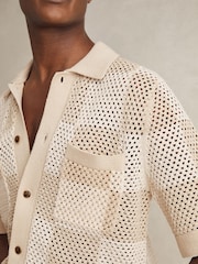 Reiss Taupe/Off White Alfred Cotton Chequerboard Crochet Shirt - Image 4 of 6