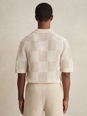 Reiss Taupe/Off White Alfred Cotton Chequerboard Crochet Shirt - Image 5 of 6