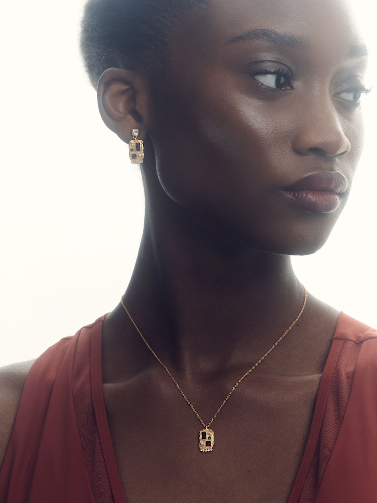 Reiss Gold Tone Skylyn Crystal Rectangle Drop Earrings - Image 2 of 4