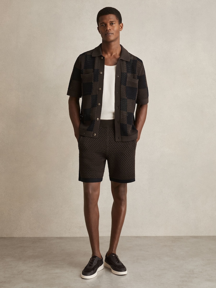 Reiss Chocolate/Navy Butler Cotton-Blend Crochet Shorts - Image 1 of 6