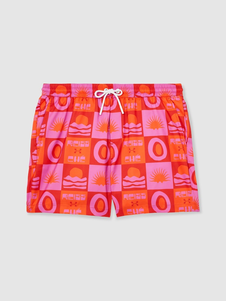 Reiss Orange/Pink Trinity Reiss | Ché Sunset-Print Swim Shorts - Image 2 of 6