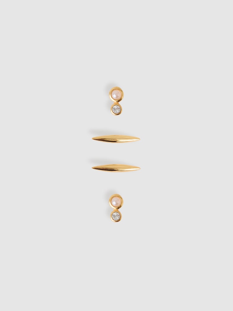Reiss Gold Tone Minnie Micro Faux-Pearl And Bar Stud Earrings Set - Image 1 of 3