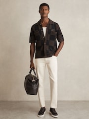 Reiss Chocolate/Navy Alfred Cotton Chequerboard Crochet Shirt - Image 1 of 6