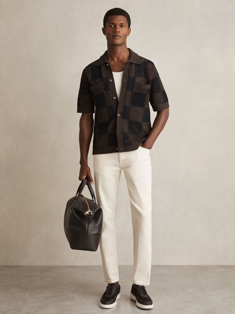 Reiss Chocolate/Navy Alfred Cotton Chequerboard Crochet Shirt - Image 1 of 6