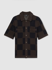 Reiss Chocolate/Navy Alfred Cotton Chequerboard Crochet Shirt - Image 2 of 6
