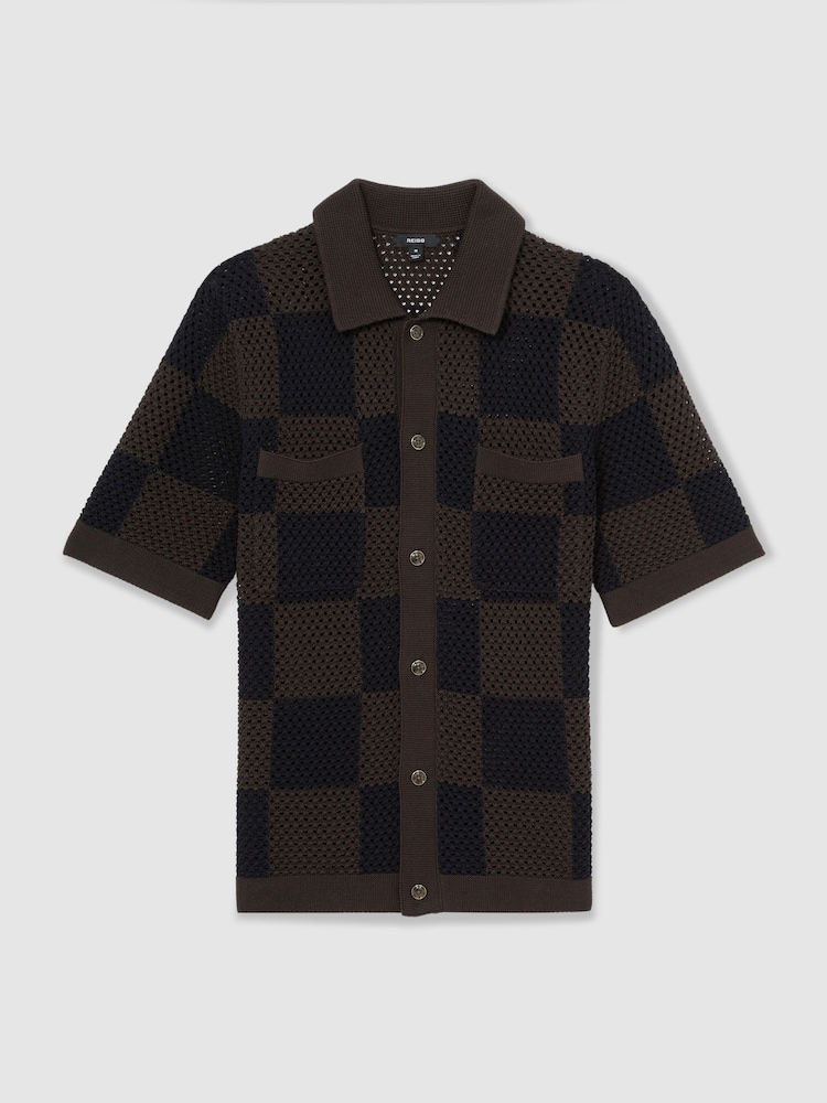 Reiss Chocolate/Navy Alfred Cotton Chequerboard Crochet Shirt - Image 2 of 6