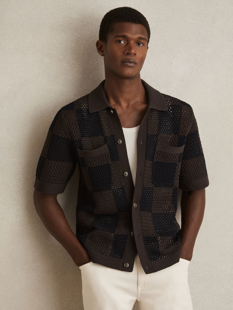 Reiss Chocolate/Navy Alfred Cotton Chequerboard Crochet Shirt - Image 3 of 6