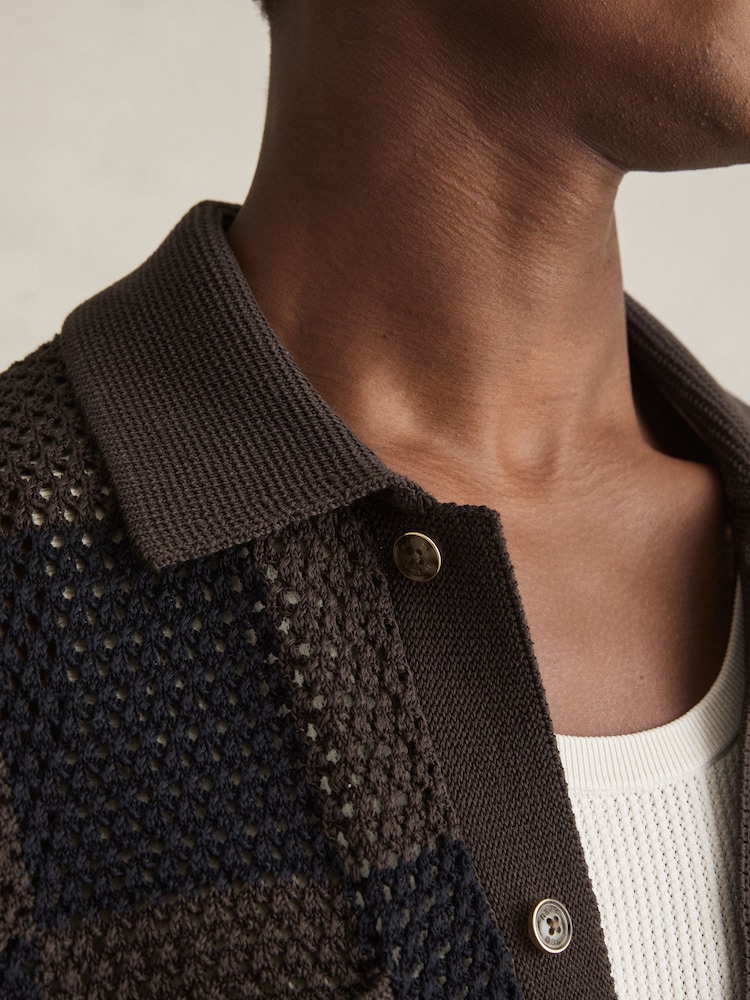 Reiss Chocolate/Navy Alfred Cotton Chequerboard Crochet Shirt - Image 4 of 6