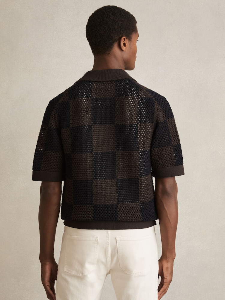 Reiss Chocolate/Navy Alfred Cotton Chequerboard Crochet Shirt - Image 5 of 6