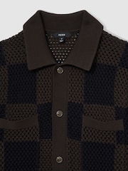 Reiss Chocolate/Navy Alfred Cotton Chequerboard Crochet Shirt - Image 6 of 6