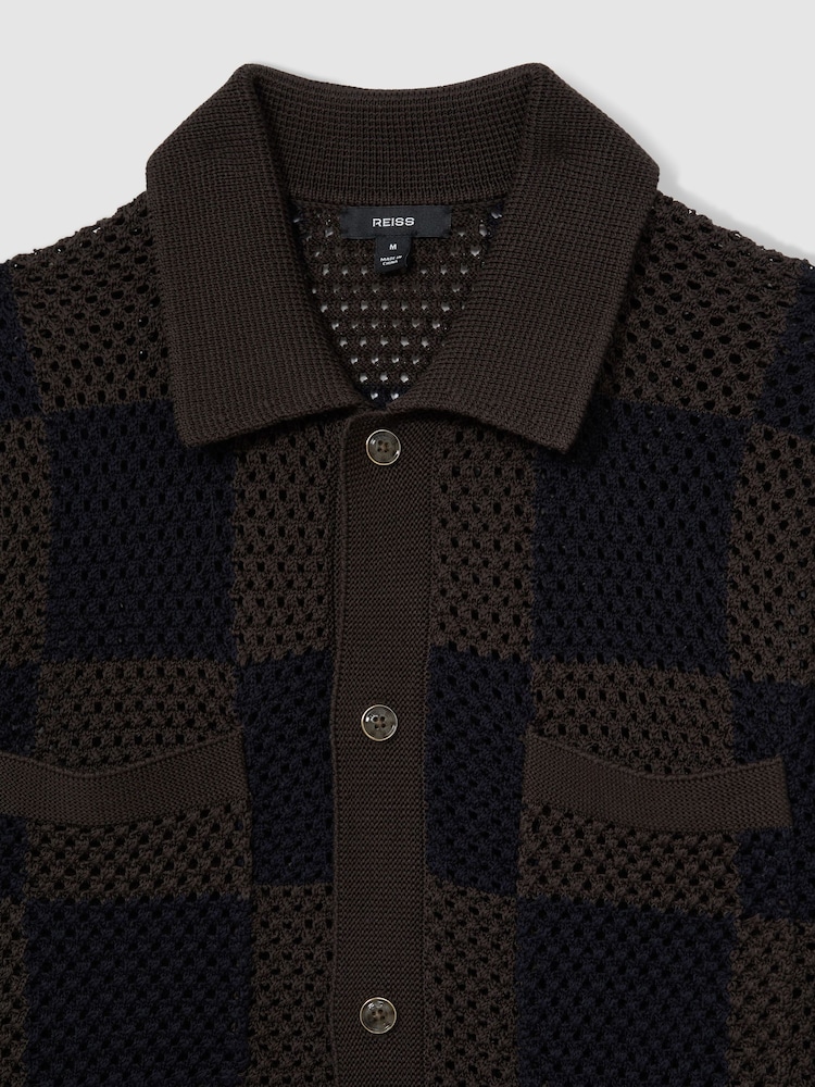 Reiss Chocolate/Navy Alfred Cotton Chequerboard Crochet Shirt - Image 6 of 6
