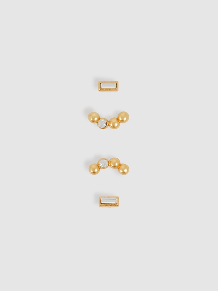Reiss Gold Tone Mina Micro Baguette And Crystal Stud Earrings Set - Image 3 of 3