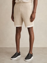 Reiss Taupe/Off White Butler Cotton-Blend Crochet Shorts - Image 3 of 5