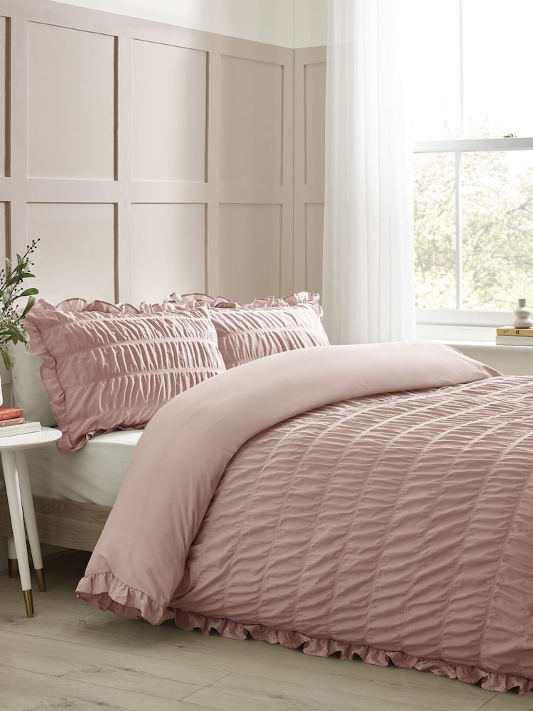 Catherine Lansfield Pink Seersucker Frill Duvet Cover Set - Image 1 of 3