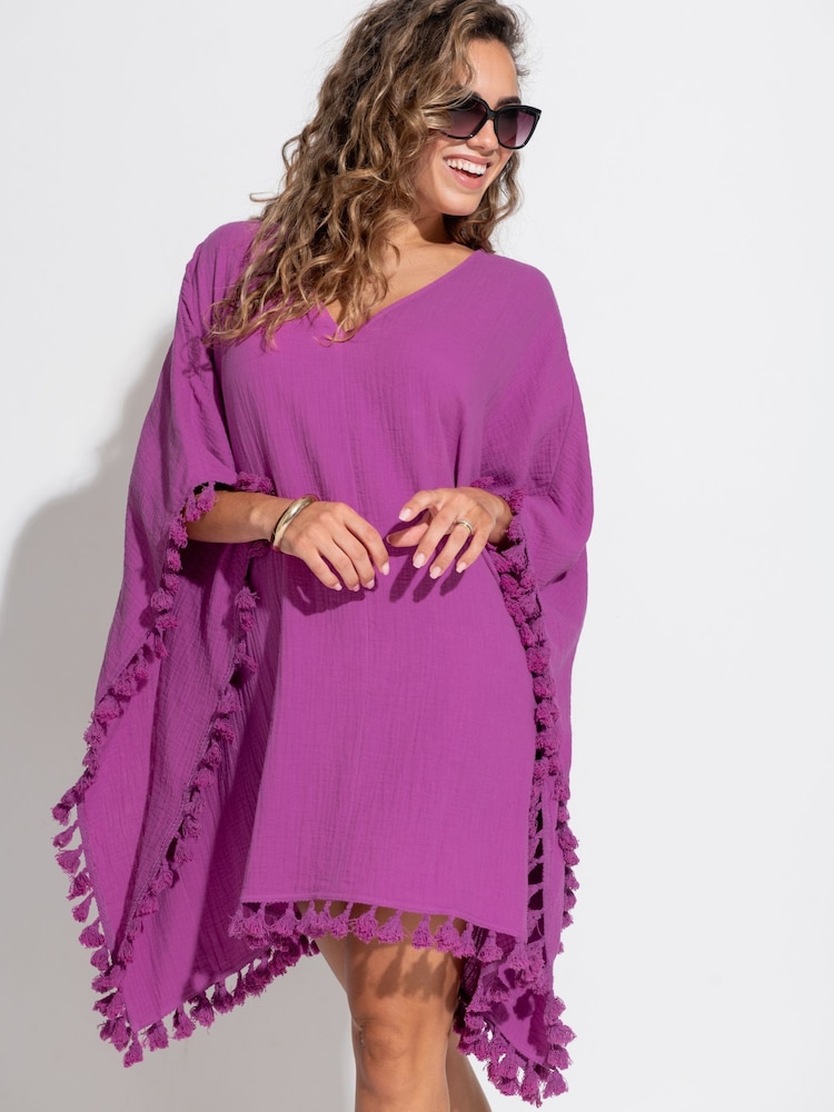 Vijolična - Pour Moi kaftan z obrobo z resicami in dvojno krpo 100% bombaž - Slika 1 iz 4 Vijolična - Pour Moi kaftan z obrobo z resicami in dvojno krpo 100% bombaž - Slika 1 iz 4