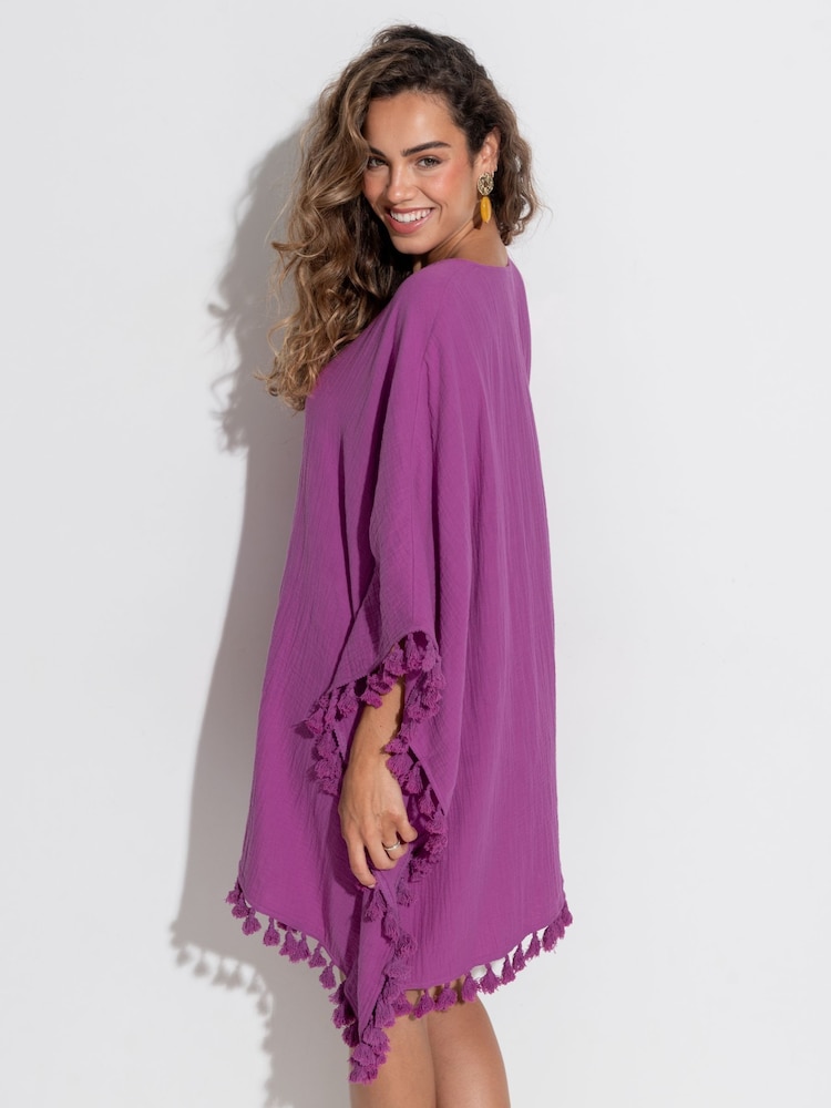 Lila - Pour Moi Double Cloth Fringe Trim 100% Cotton Kaftan - Bild 2 von 4