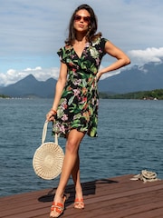 Pour Moi Chrome Black Frill Wrap Woven Beach Dress - Image 1 of 4