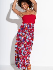 Pour Moi Red Strapless Shirred Bodice Woven Maxi Beach Dress - Image 1 of 4