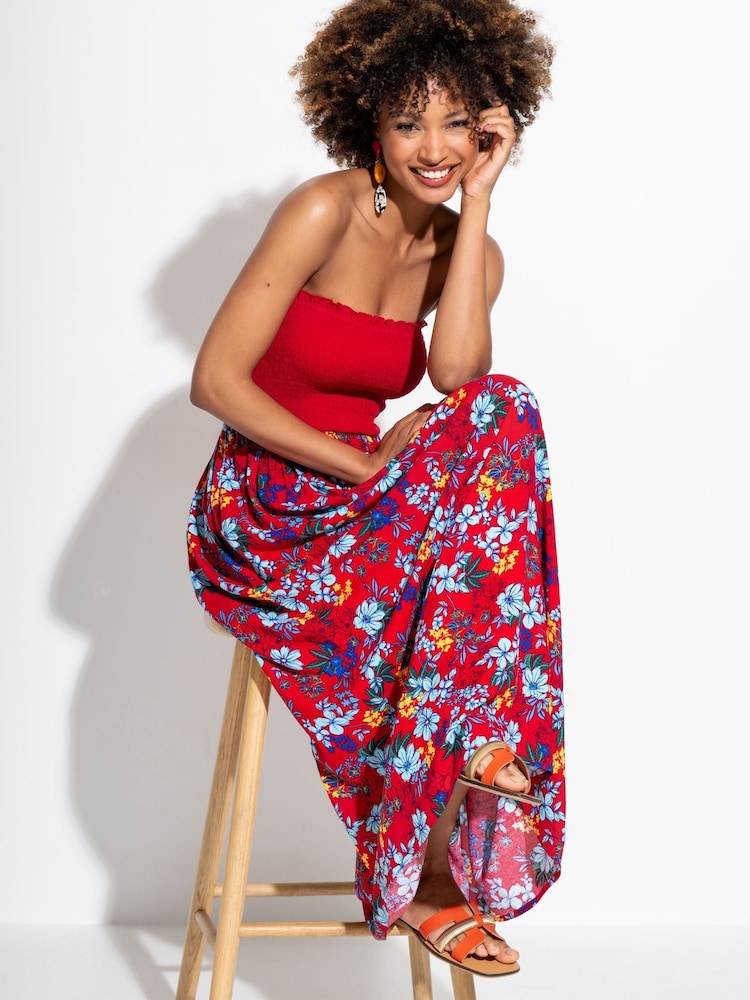 Pour Moi Red Strapless Shirred Bodice Woven Maxi Beach Dress - Image 2 of 4