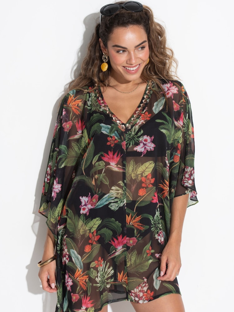 Pour Moi Black Chiffon V-Neck Embellished Kaftan - Image 1 of 4