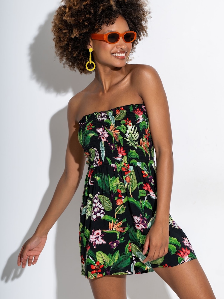 Pour Moi Black Strapless Shirred Bodice Woven Beach Playsuit - Image 1 of 4