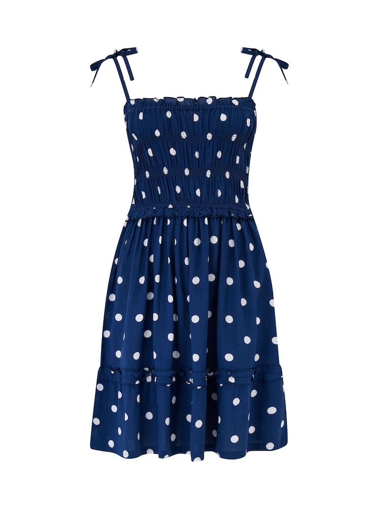 Pour Moi Blue Strapless Shirred Bodice Frill Woven Beach Dress - Image 3 of 4