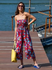 Pour Moi Red Strapless Shirred Bodice Crop Leg Beach Jumpsuit - Image 1 of 4