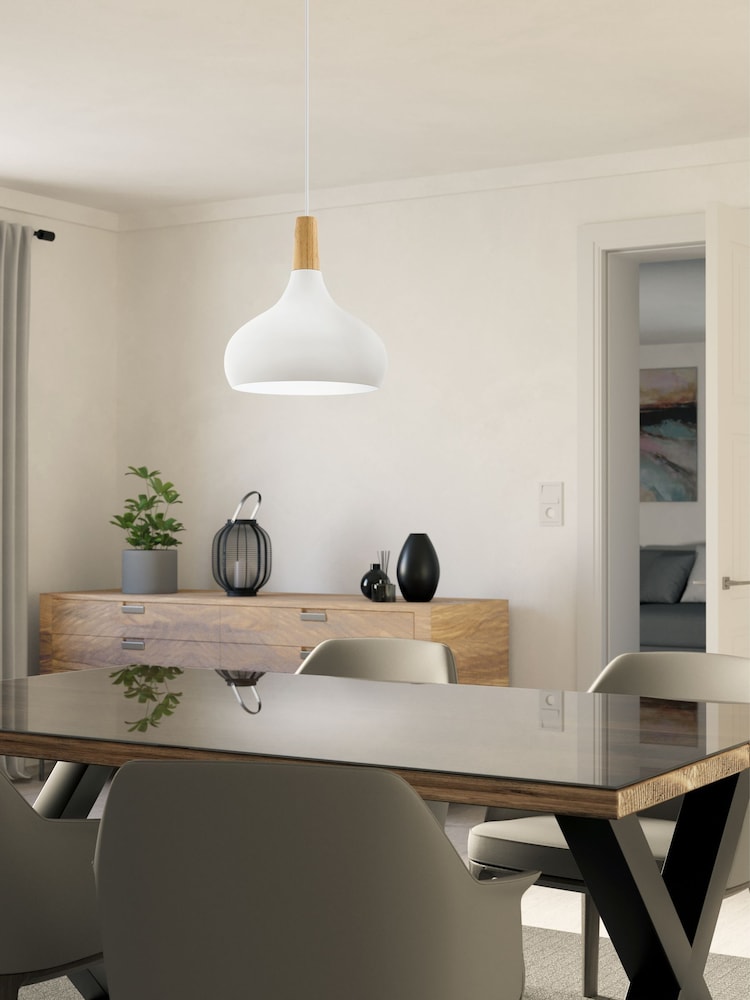Eglo White Sabinar Metal and Wood Single Pendant Ceiling Light - Image 1 of 5