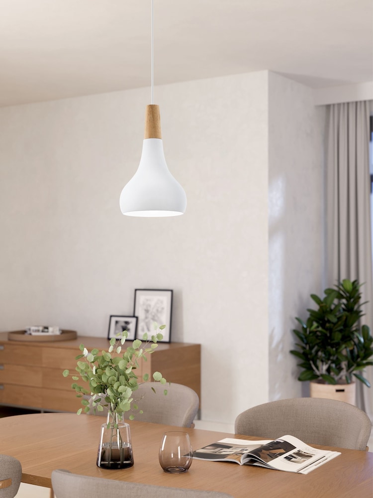 Eglo White Sabinar Metal and Wood Single Pendant Ceiling Light - Image 1 of 5