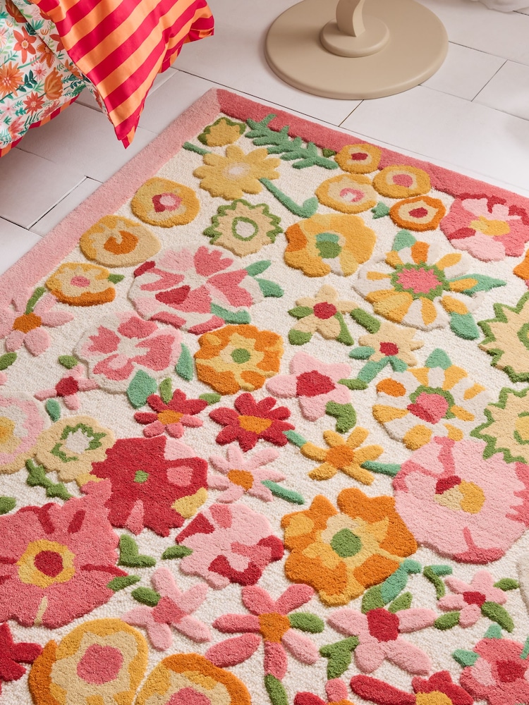 Lucy Tiffney Orange Campion Floral Print Wool Tufted Rug - Image 2 of 5
