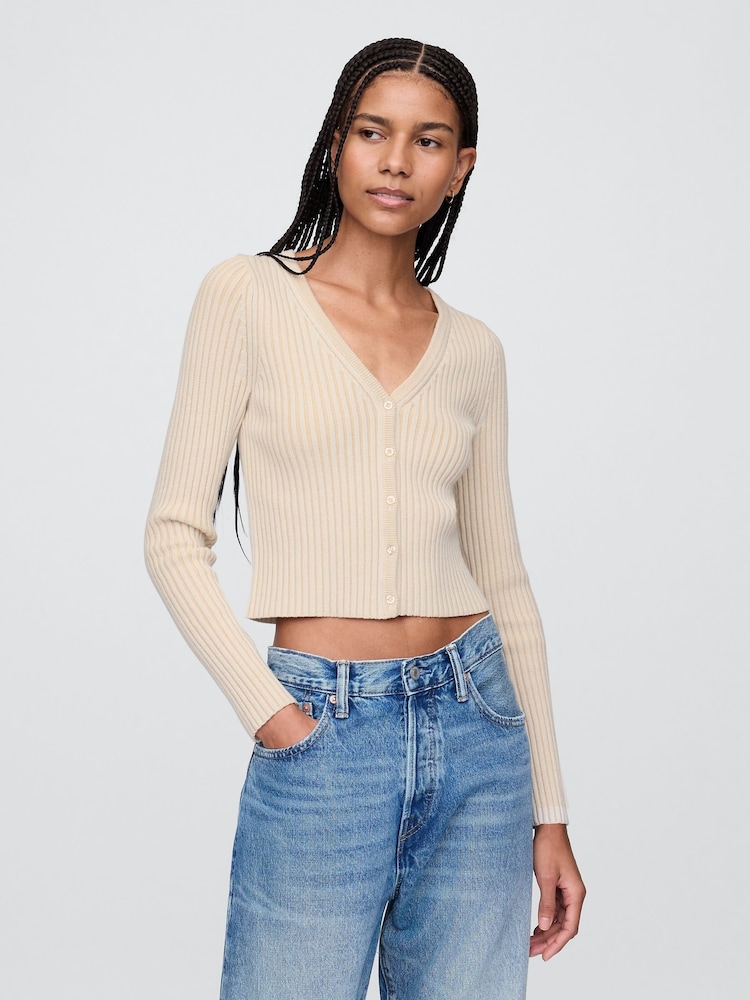 Gap Beige Cropped Plaited Rib Cardigan - Image 1 of 5