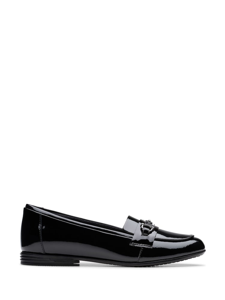 Clarks Black Patent Wide Fit (G) Older Girls Finja Loafers - Image 1 of 5 Clarks Black Patent Wide Fit (G) Older Girls Finja Loafers - Image 1 of 5