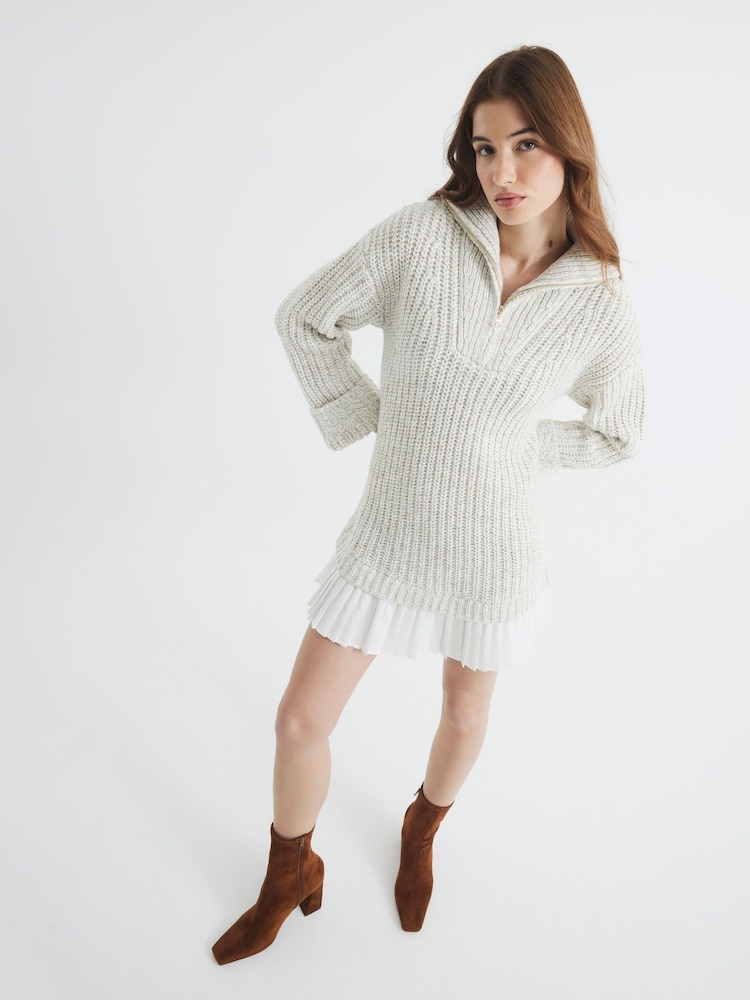 River Island Brown Knit Half Zip Pleated Jumper Dress - Image 1 of 6