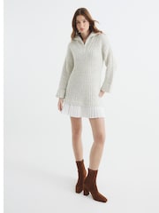 River Island Brown Knit Half Zip Pleated Jumper Dress - Image 3 of 6