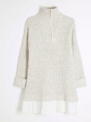 River Island Brown Knit Half Zip Pleated Jumper Dress - Image 5 of 6